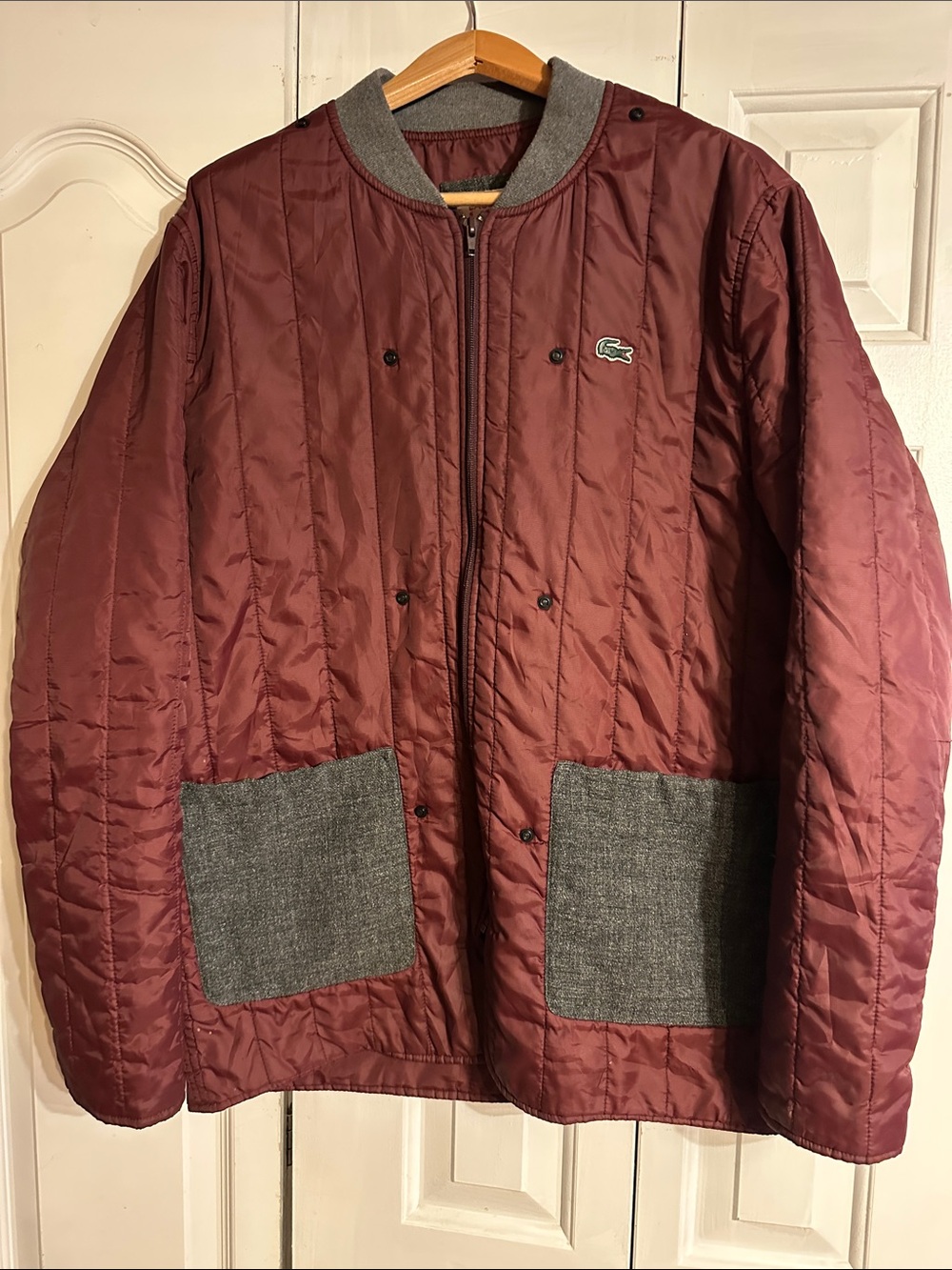 Lacoste Quilted Burgundy Bomber Jacket with Gray Patch Pockets